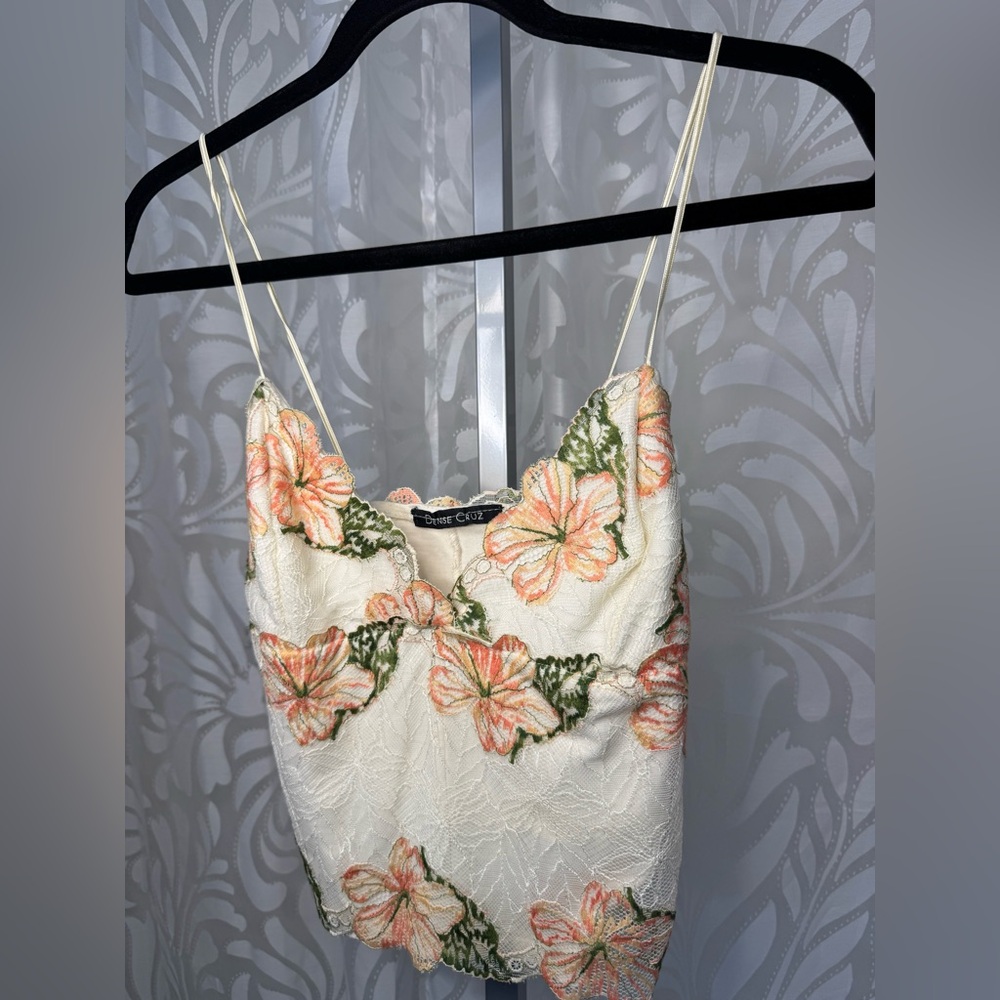 Cami Tank Bralette Soft Cotton Lined Lace with Cream with Floral Pattern - Picture 10 of 10